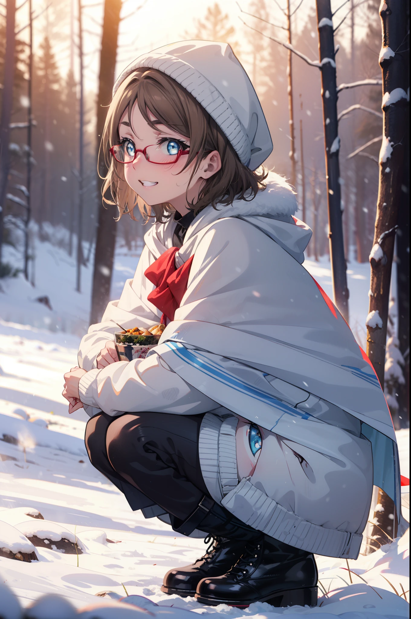 Yo Watanabe, Yu Watanabe, short hair, blue eyes, Brown Hair, smile, Grin,Medium Breast,Black-rimmed glasses,
Open your mouth,snow,Ground bonfire, Outdoor, boots, snowing, From the side, wood, suitcase, Cape, Blurred, having meal, forest, White handbag, nature, Squat, Mouth closed, Cape, winter, Written boundary depth, Black shoes, red Cape break looking at viewer, Upper Body, whole body, break Outdoor, forest, nature, break (masterpiece:1.2), highest quality, High resolution, unity 8k wallpaper, (shape:0.8), (Beautiful and beautiful eyes:1.6), Highly detailed face, Perfect lighting, Extremely detailed CG, (Perfect hands, Perfect Anatomy),