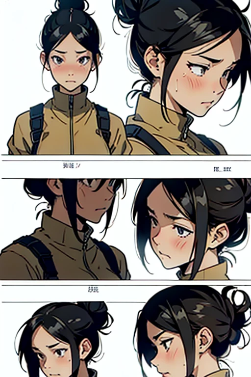 Girl with black hair in a bun crying, detailed expression, manga page with panels and dialogue 