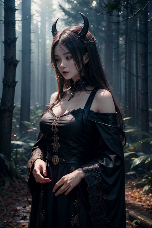 A  woman who is summoning a demon, predatorial eyes, devourer, very beautiful, highly detailed, 4k resolution, masterpiece,night forest scenario,digital art


