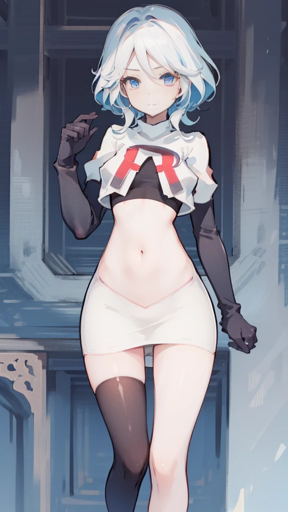 One girl, Delicate face, of the highest quality, The 8k quality, team rocket,team rocket uniform,white skirt,red letter R,crop top,black thigh-highs,black elbow gloves, naked girl, camel toe,