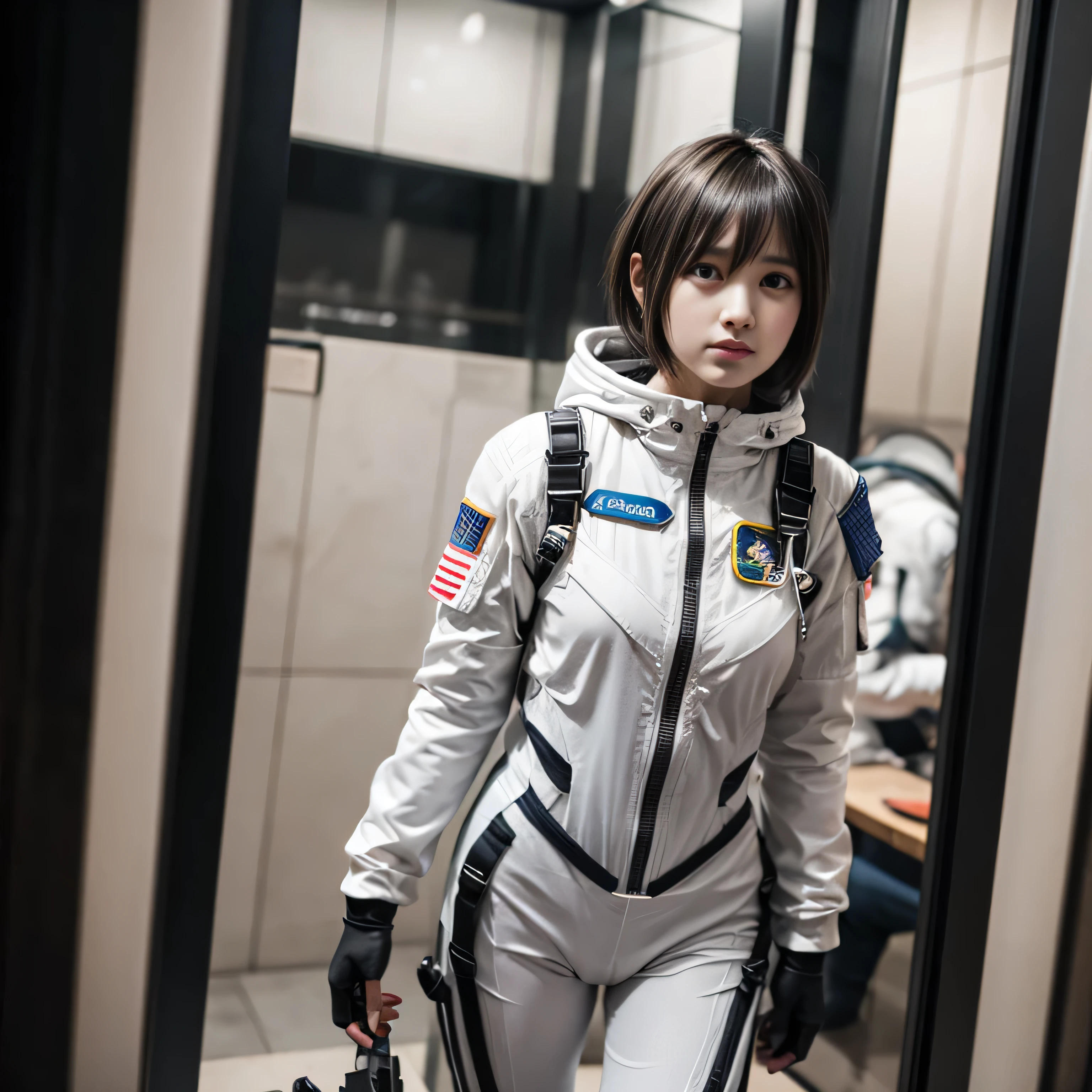 one girls , Young , A view from below , Short Hair Hair , black  hair , spacesuit , White spacesuit , Pop visible , naked butt , girl in a spacesuit , hiquality , Dark tones