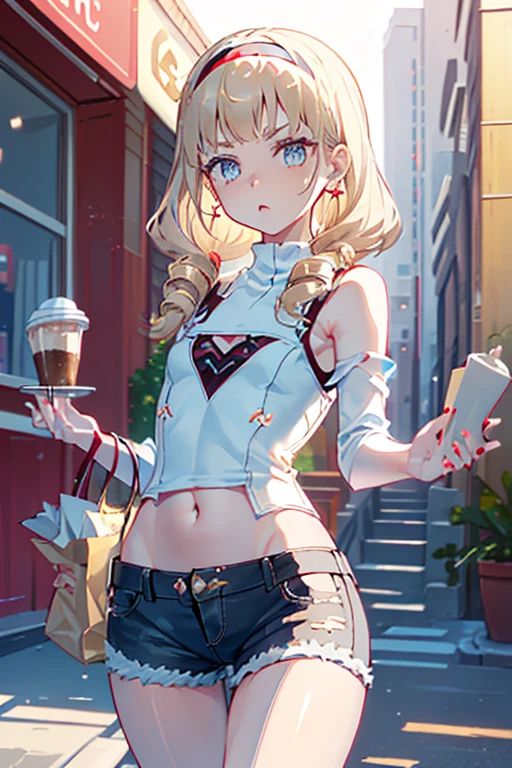 (masterpiece, Best Quality, ultra-detailed, high resolution, extremely detailed CG, official art, Professional Lighting, Perfect Anatomy, anime colors), (from below), looking at viewer, cowboy shot, perfect body, a 24yo beautiful girl, sidelocks, hairband, earrings,medium hips, glamorous body,a small face,beautiful-makeup,Makeup light,dark brown hair, Amazing Cleavage, thin waist, cute ass, Raised sexy, small breast: 1.2 posed cleavage:1.2, (off shoulders,Denimbra,legginullnude), micro denim shorts, bare legs, nail_polish, pale skin, Waiting friend, (morning:1.5), tokyo, (convenience store:1.3), outdoor, (depth of field:1.3), contrapposto, (Hold a coffee in your hand:1.3),delicate beautiful face, Bright blue eyes, cute eyes, sparkling eyes, Big eyes, (perky chest:1.1), (pointed chest:1.3), looking at viewer,