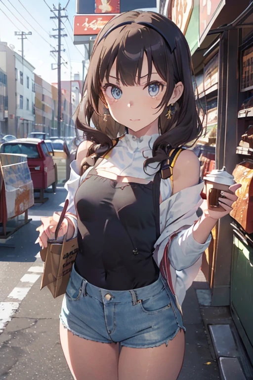 (masterpiece, Best Quality, ultra-detailed, high resolution, extremely detailed CG, official art, Professional Lighting, Perfect Anatomy, anime colors), (from below), looking at viewer, cowboy shot, perfect body, a 24yo beautiful girl, sidelocks, hairband, earrings,medium hips, glamorous body,a small face,beautiful-makeup,Makeup light,dark brown hair, Amazing Cleavage, thin waist, cute ass, Raised sexy, small breast: 1.2 posed cleavage:1.2, (off shoulders,Denimbra,legginullnude), micro denim shorts, bare legs, nail_polish, pale skin, Waiting friend, (morning:1.5), tokyo, (convenience store:1.3), outdoor, (depth of field:1.3), contrapposto, (Hold a coffee in your hand:1.3),delicate beautiful face, Bright blue eyes, cute eyes, sparkling eyes, Big eyes, (perky chest:1.1), (pointed chest:1.3), looking at viewer,
