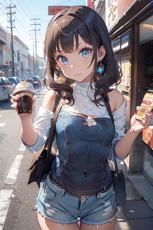 (masterpiece, Best Quality, ultra-detailed, high resolution, extremely detailed CG, official art, Professional Lighting, Perfect Anatomy, anime colors), (from below), looking at viewer, cowboy shot, perfect body, a 24yo beautiful girl, sidelocks, hairband, earrings,medium hips, glamorous body,a small face,beautiful-makeup,Makeup light,dark brown hair, Amazing Cleavage, thin waist, cute ass, Raised sexy, small breast: 1.2 posed cleavage:1.2, (off shoulders,Denimbra,legginullnude), micro denim shorts, bare legs, nail_polish, pale skin, Waiting friend, (morning:1.5), tokyo, (convenience store:1.3), outdoor, (depth of field:1.3), contrapposto, (Hold a coffee in your hand:1.3),delicate beautiful face, Bright blue eyes, cute eyes, sparkling eyes, Big eyes, (perky chest:1.1), (pointed chest:1.3), looking at viewer,