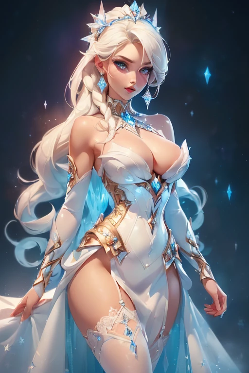 ((Full body portrait))((Ice Throne))((sexy tall russian supermodel)) ((Beautiful Face)) (Red lipstick) ((Big bright blue eyes)) ((Very long straight platinum blonde hair)) ((Pale skin)) ((Very large breasts:1.5)) ((Perfect body:1.3)) (((Wearing fantasy white ice corset, Small lace sole with ice crystal decoration))) (()) ((Ice cap, choker, Earrings, long white stockings)) ((use ice magic wand))((beautiful super model, Sexy pose inside photo studio for spectacular camera photoshoot, fantastic ice crystal pillar, frozen decorations, Reflector light above her))(High resolution, Dynamic Shadows)((Realistic:1.5)) ((masterpiece:1.3)) (8k) (Perfect Face) ((highest quality:1.4)) (Perfect hands and eyes)