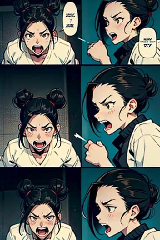 Girl with black hair in a bun angry screaming, detailed expression, manga page with panels and dialogue