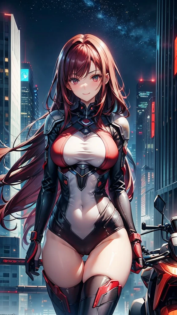 highest quality、Nice sexy body、One Woman、solo、(Beautiful busty woman:1.5)、Medium hair woman、((Woman with dark red hair))、A woman in a mechanical suit、Smiling woman、Future City、A woman riding a futuristic motorcycle、Skyscrapers at night, camel toe,