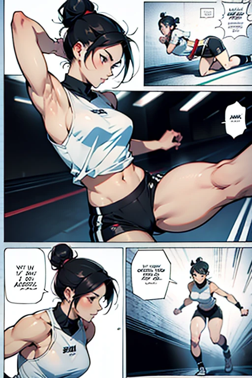 Girl with black hair in a bun fighting, full body positions, manga page with panels and dialogue
