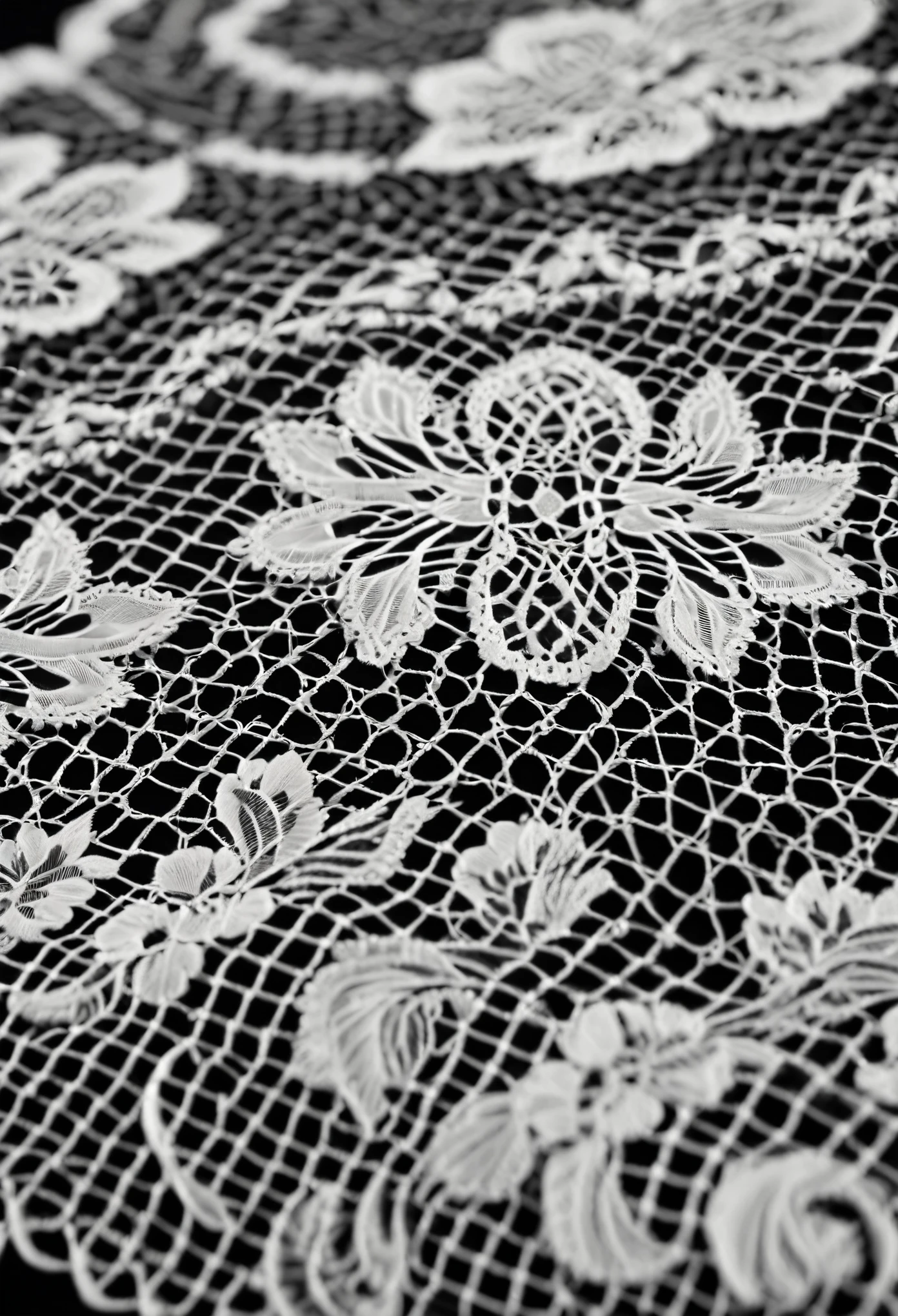 White lace close-up, Delicate lace pattern, Complex Pattern, High detail, White lace on a black stand, Color contrast, Close-up of lace pattern,　