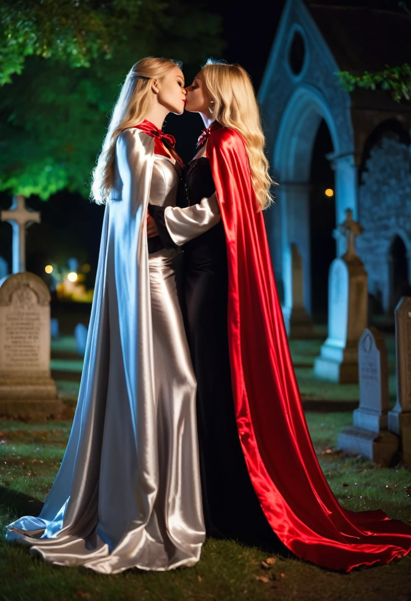 Vampyfangs1 , (RAW photo) , 2girls, cute, 20 years old, long blonde hair , smiling, look at viewer, ((((silver and red lined  satin cape tied at the neck)))+++, side spilt skirt , kissing and embracing , nighttime, standing in a moonlit graveyard , photo, realistic, best quality, hires, detailed face, detailed background, diffused lighting, depth of field, bokeh
