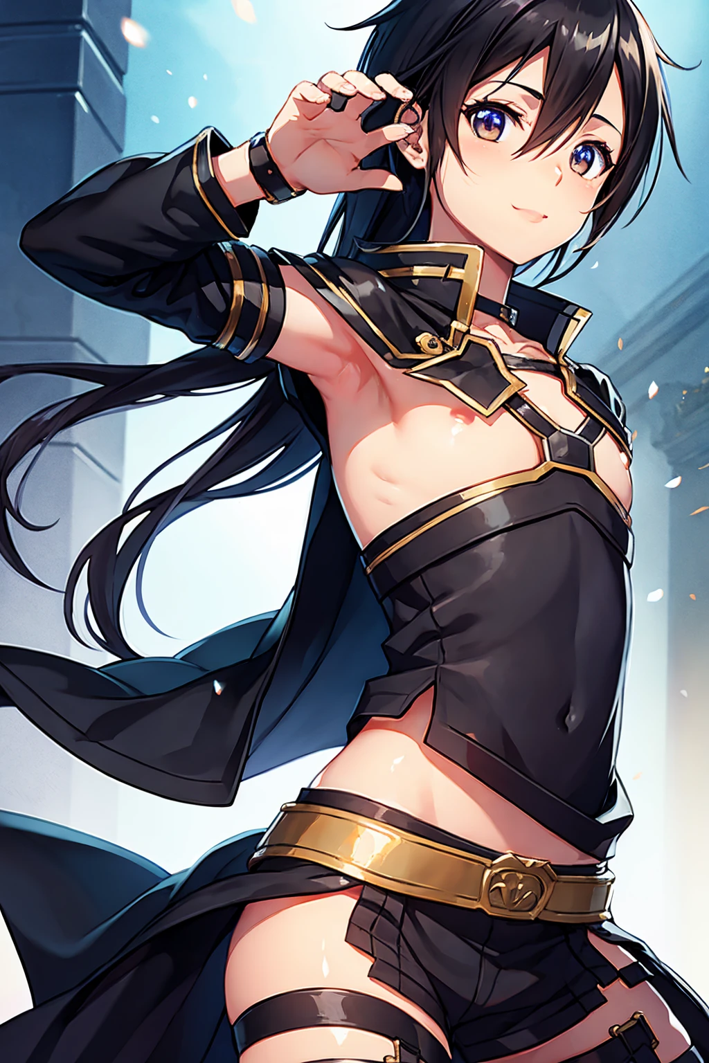 Kirito black egyptian dancer&#39;s clothing Long black hair Super big breasts Breast expansion Standing alone in the palace, Blushing and smiling at the camera 
