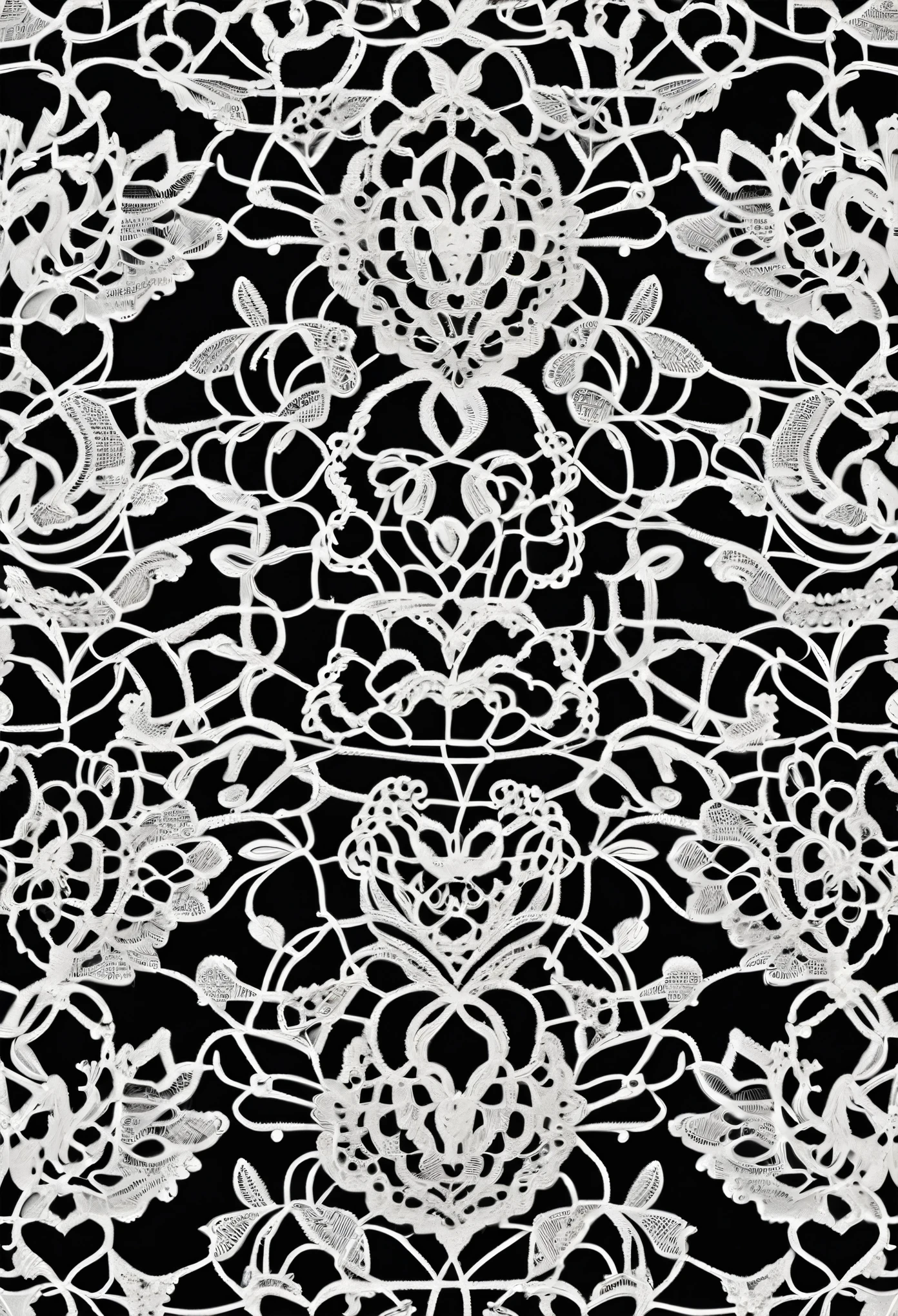 White lace close-up, Delicate lace pattern, Complex Pattern, High detail, White lace on a black stand, Color contrast, Close-up of lace pattern, highest quality:1.2, 4K, 8k, Very detailed, masterpiece:1.2,