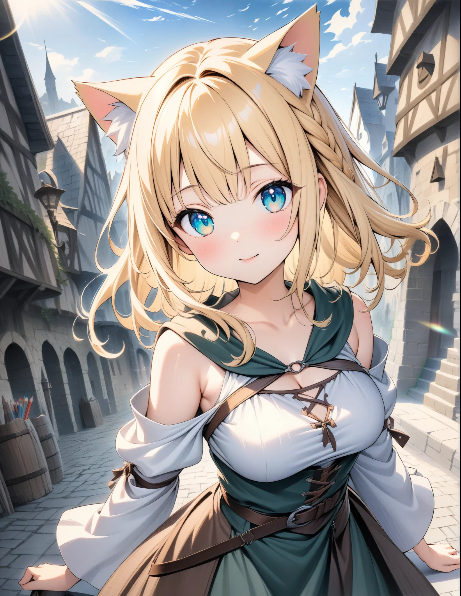 ((style:Colored pencil,pale colour)),(anime)、(masterpiece:1.2),atmospheric perspective,lens flare、Otherworldly fantasy、Medieval style cityscape、Medieval style costume、RPG World、Adventurous girl、Cat ear、Blonde、Clear emerald eyes、Look at me and pose cutely、cute、Sunlit streetscape、Girl with Tsuri Eyes