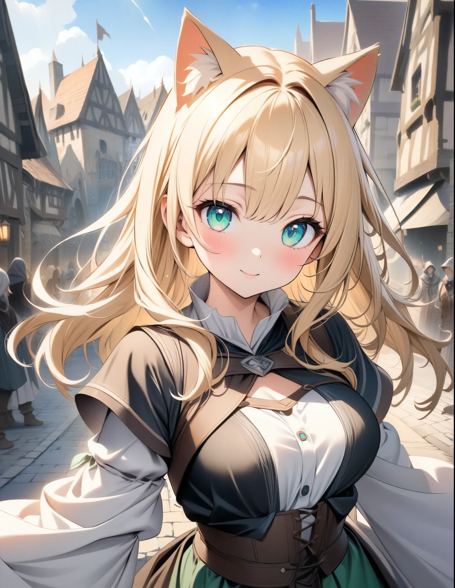 ((style:Colored pencil,pale colour)),(anime)、(masterpiece:1.2),atmospheric perspective,lens flare、Otherworldly fantasy、Medieval style cityscape、Medieval style costume、RPG World、Adventurous girl、Cat ear、Blonde、Clear emerald eyes、Look at me and pose cutely、cute、Sunlit streetscape、Girl with Tsuri Eyes、Close-up、Wide-angle lens