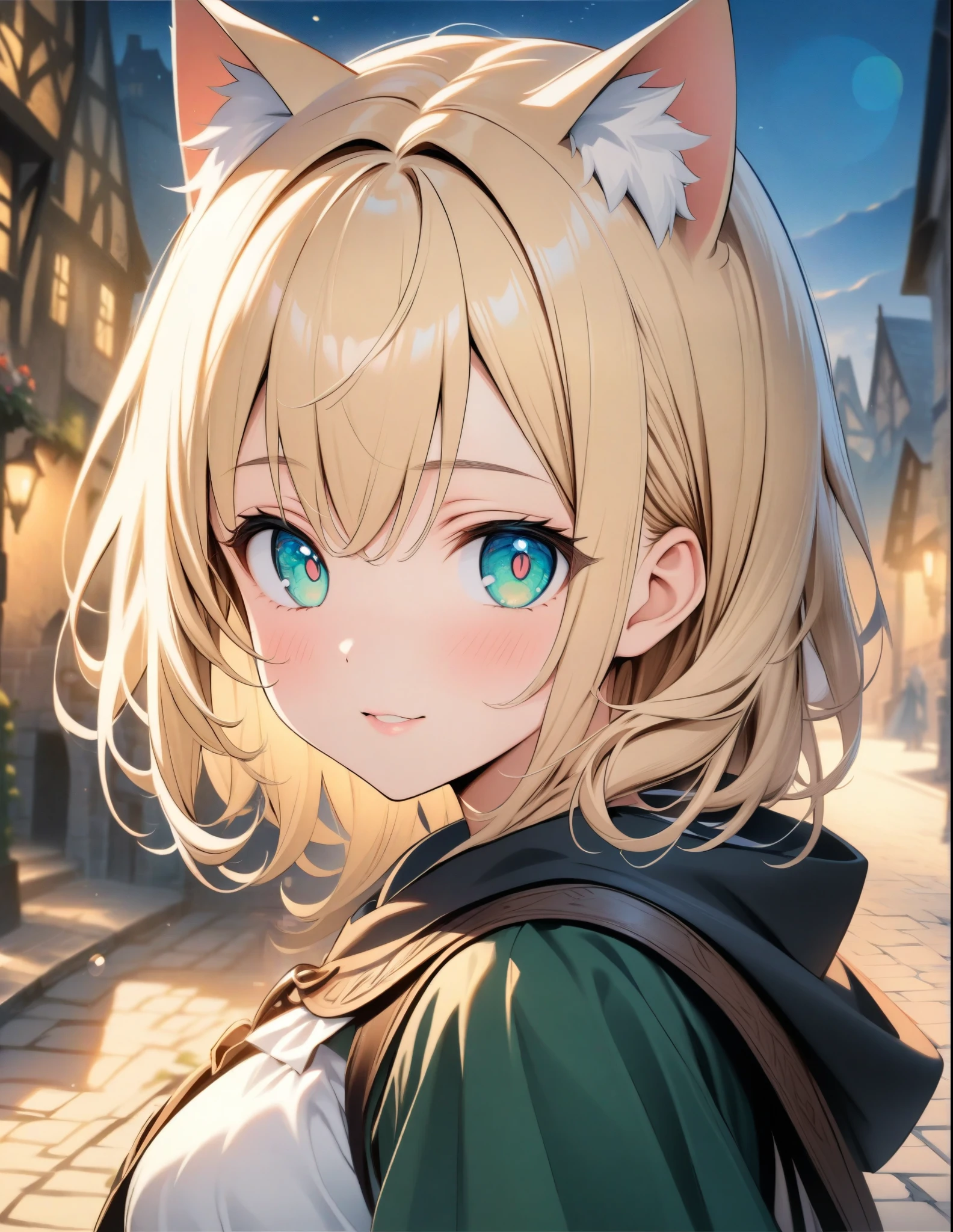 ((style:Colored pencil,pale colour)),(anime)、(masterpiece:1.2),atmospheric perspective,lens flare、Otherworldly fantasy、Medieval style cityscape、Medieval style costume、RPG World、Adventurous girl、Cat ear、Blonde、Clear emerald eyes、Look at me and pose cutely、cute、Sunlit streetscape、Girl with Tsuri Eyes、Close-up、Wide-angle lens