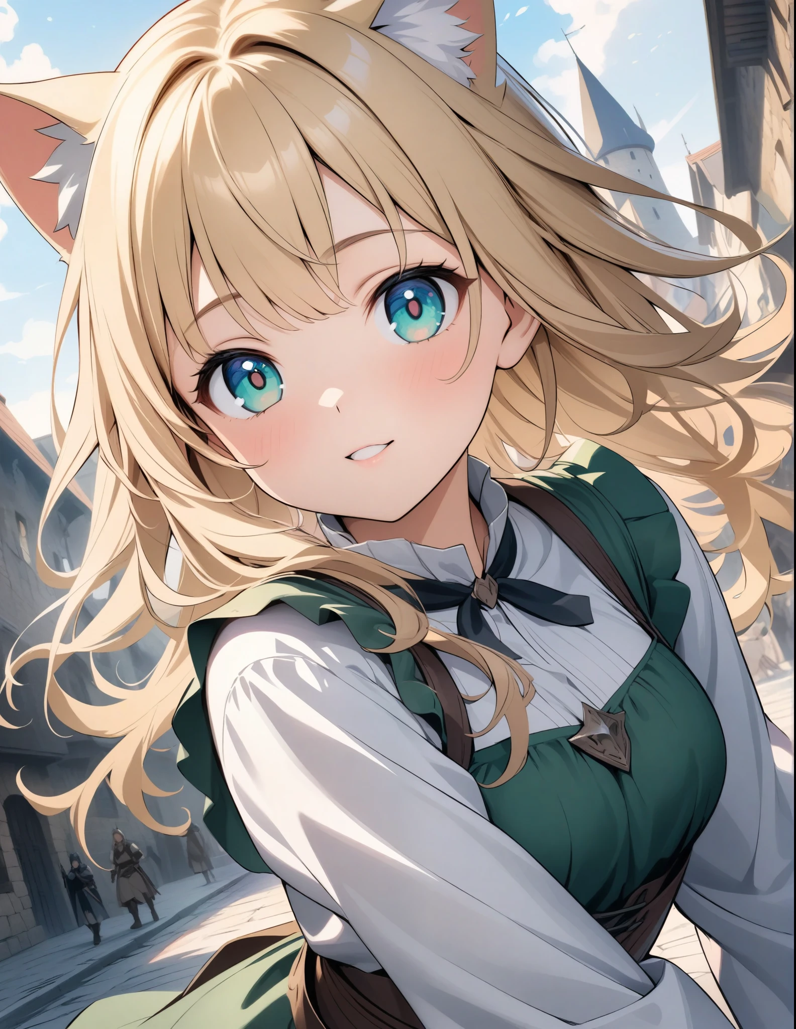 ((style:Colored pencil,pale colour)),(anime)、(masterpiece:1.2),atmospheric perspective,lens flare、Otherworldly fantasy、Medieval style cityscape、Medieval style costume、RPG World、Adventurous girl、Cat ear、Blonde、Clear emerald eyes、Look at me and pose cutely、cute、Sunlit streetscape、Girl with Tsuri Eyes、Close-up、Wide-angle lens、Battle Scenes、Shoot the magic