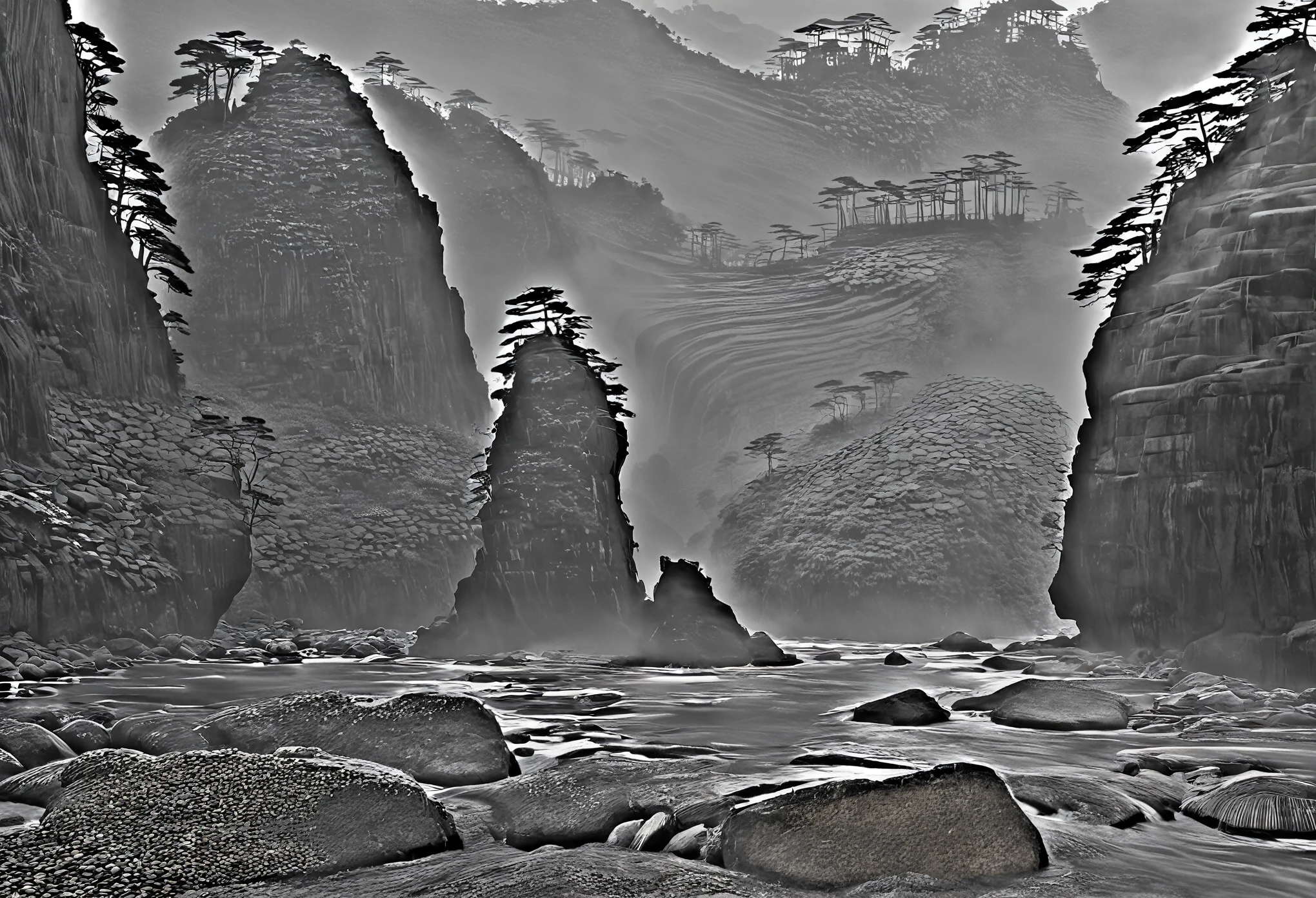 A black and white photo,The photo shows a river with rocks and trees, by Ji Sheng, by Shen Quan, by Wang Jian, author:Yang Borun, author:Sun Kehong, There are jagged rocks & weird, inspired author:Darek Zablocki, mist, Ethereal Landscape, author Wen Boren, Chinese scenery, author:Darek Zablocki, author:Song Xu,high quality,8k,National Geographic Award-winning work,Ultra-clear