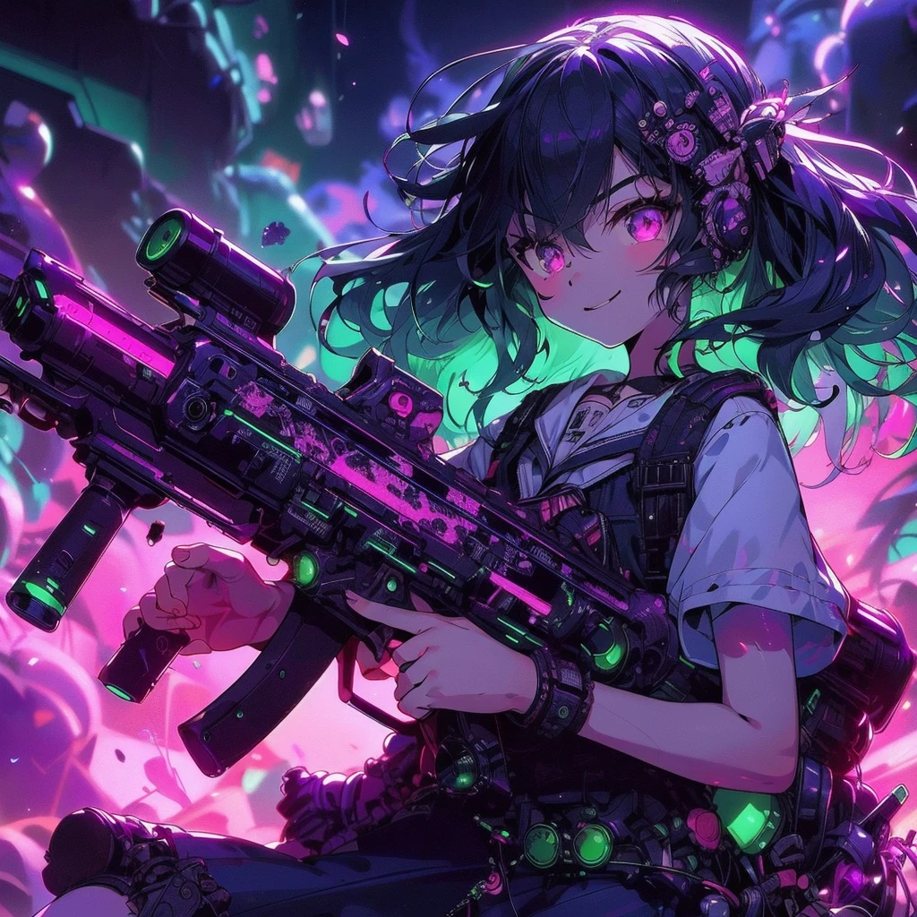 redraw this suit in high quality, detailed photo style on a white background,ouka_niji 5 girl beautiful inspired charlie bowater character cyberpunk- desenho no estilo de Mike Deotado, Androgynous niji 6 , man crazy smile, jacket, holding a neon black e blue, cube sticking --ar 9:16 --v 6.0, Ouka_Niji 5