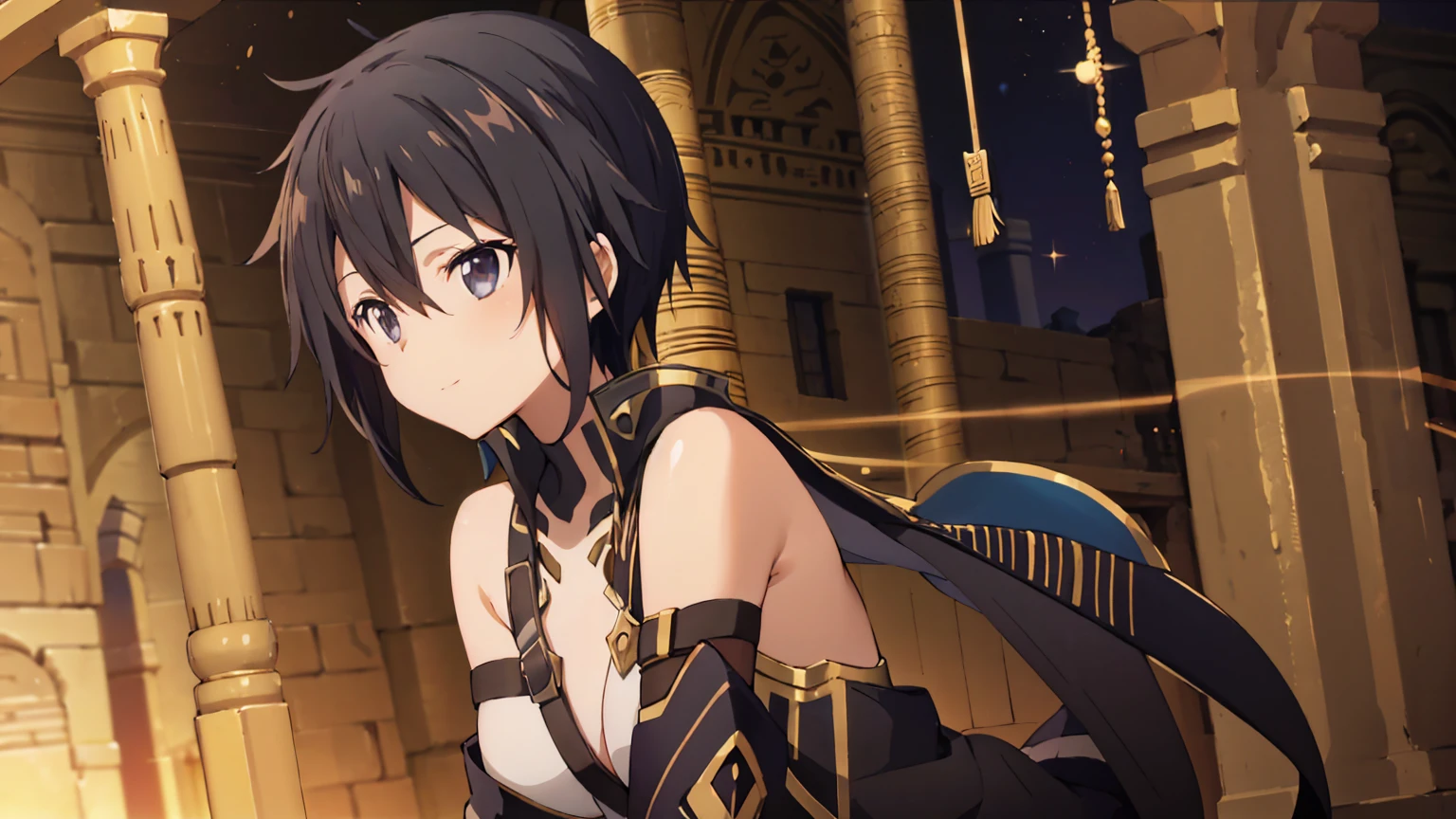 Kirito black egyptian dancer&#39;s clothing Long black hair Super big breasts Breast expansion Standing alone in the palace, Looking at the camera, blushing and smiling ultra-detailed, HDR, vibrant colors, soft lighting
