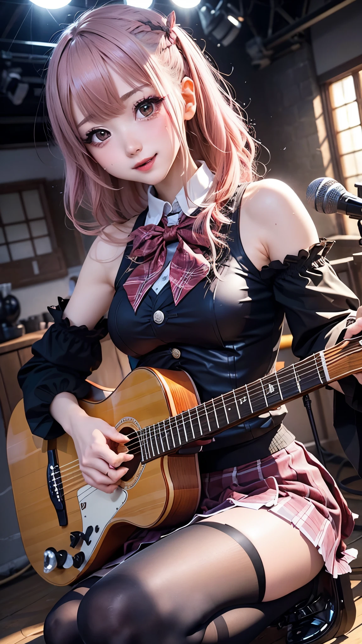 High School Suit Jacket、 、Red Plaid Knee-Length Skirt、long skirt、JK style、Jacket、Smile、knee socks、Knee socks、Pantyhose、Peerless Beauty、Super cute、Fed up、of beauty、twin-tail hair、Dark black eyeshadow、sad、Skin radiance、Long hair straightener、Dark Gothic Makeup、陰暗的Smile、Fragrant and beautiful、Stained glass background、masterpiece、best quality、Reference 5 books、Sweat glistened on my chest、Sweat is glistening on my face、Small Breasts、Dark pink hair、Age 22 years、Slightly slim、mysterious appearance、A sad expression、Pink Hair、Mysterious Gothic church、Charming castle、Sweating all over the body、There is a lot of sweat and light on the thighs、Shiny thighs、大腿上Sweating、Sweat beads on thighs、Sweating、gal、Small Breasts、Japanese Face、Seductive expression、Thin thighs、Play the guitar、I have a guitar、Sing a song enthusiastically、Play the guitar in a band、Play the guitar chords、Scene House Background、Sing a song、open mouth、On-site house scenery、Microphone Stand、A glamorous live stage、Dynamic angle、