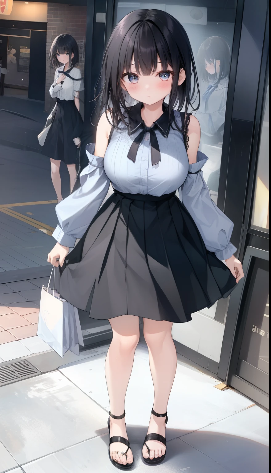 One Girl、positive、Standing posture、Full body portrait、Black Hair、Medium Haircut、blush、Absolute area、No panties、No bra、barefoot、Light blue dress、Off-the-shoulder dress、(Very large breasts)、Cleavage、((Lesbians around the world))、masterpiece、(highest quality)、、White heel sandals、Shirt buttons fly off、Unbutton your shirt、Exposing the breasts、Shopping Street、Skirt Front Lift