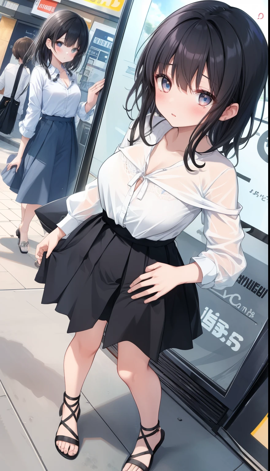 One Girl、positive、Standing posture、Full body portrait、Black Hair、Medium Haircut、blush、Absolute area、No panties、No bra、barefoot、Light blue dress、Off-the-shoulder dress、(Very large breasts)、Cleavage、((Lesbians around the world))、masterpiece、(highest quality)、、White heel sandals、Shirt buttons fly off、Unbutton your shirt、Exposing the breasts、Shopping Street、Skirt Front Lift