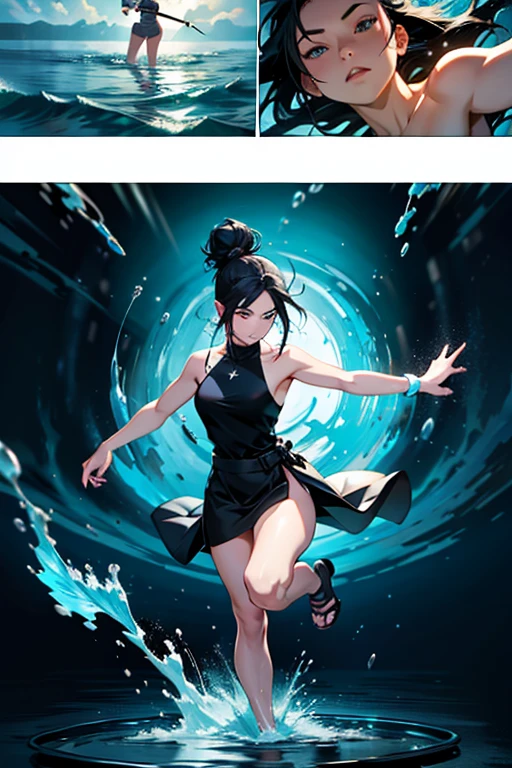 Girl with black hair in a bun using water magic to fight, full body positions, manga page with panels and dialogue