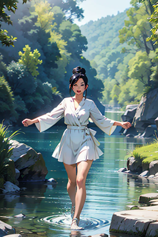Girl with black hair in a bun singing by a river, full body positions, manga page with panels and dialogue
