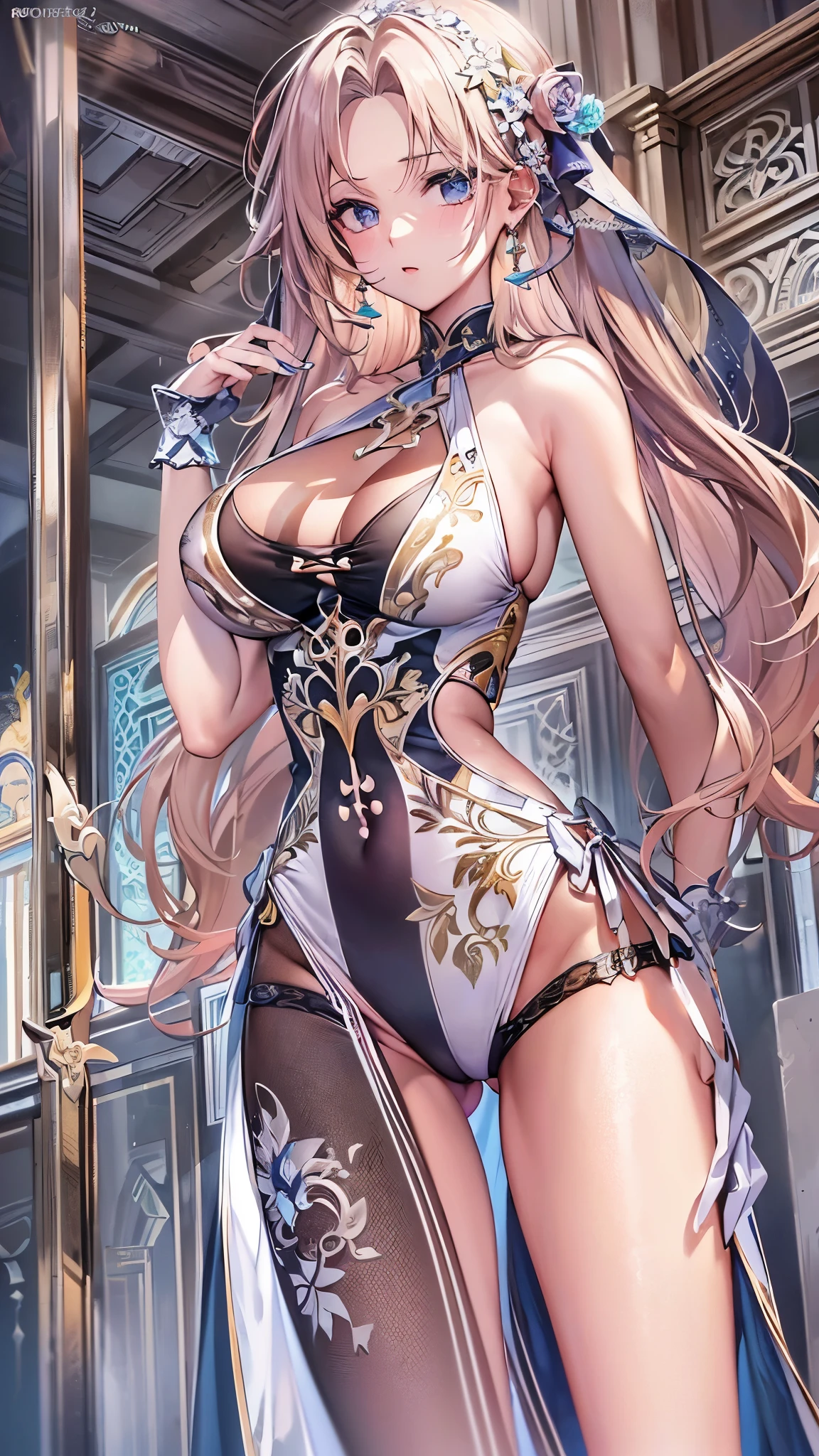 ((highest quality)),(Ultra-high resolution),(Very detailed),(Detailed Description),((The best CG)),(A masterpiece),Ultra-detailed art,Amazing drawing art,(Art with precise detail:1.5), (Cross halter one piece high leg one piece swimsuit:1.4)