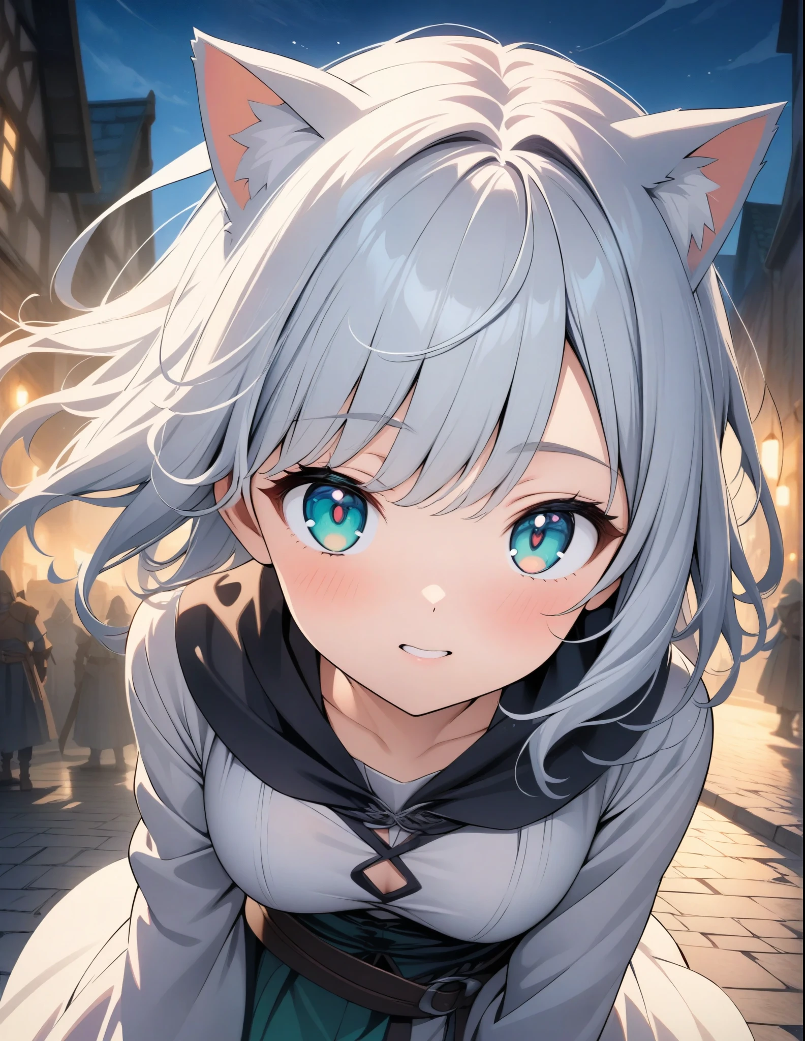 ((style:Colored pencil,pale colour)),(anime)、(masterpiece:1.2),atmospheric perspective,lens flare、Otherworldly fantasy、Medieval style cityscape、Medieval style costume、RPG World、Adventurous girl、Cat ear、Blonde、Clear emerald eyes、Look at me and pose cutely、cute、Sunlit streetscape、Girl with Tsuri Eyes、Close-up、Wide-angle lens、Battle Scenes、Shoot the magic