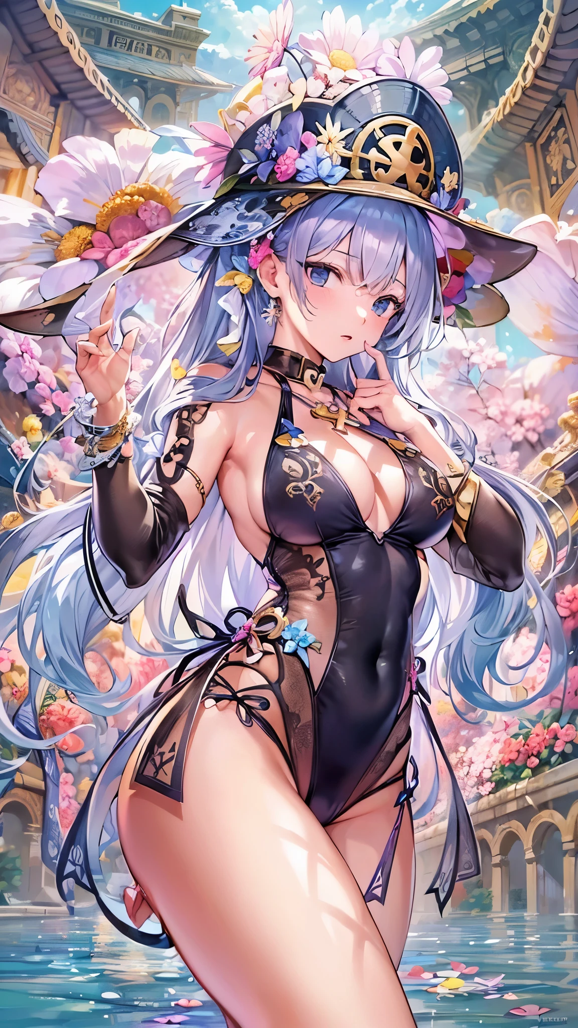 ((highest quality)),(Ultra-high resolution),(Very detailed),(Detailed Description),((The best CG)),(A masterpiece),Ultra-detailed art,Amazing drawing art,(Art with precise detail:1.5), (Cross halter one piece high leg one piece swimsuit:1.4)
