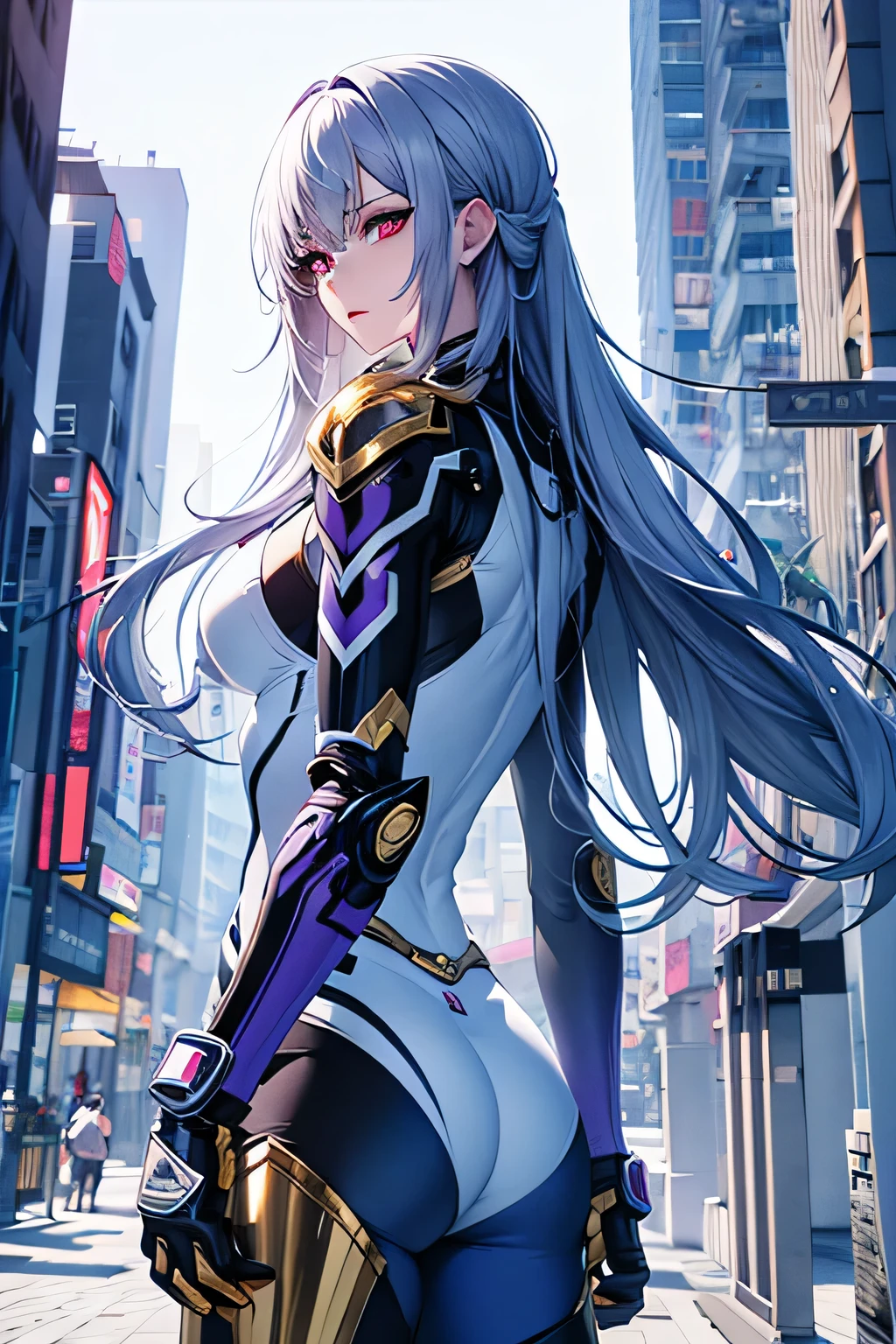 Adult Female Mature Character Around 20-25 Age With tall Height wearing Golden Body Armor With White Intricate Pattern With long Orange Hair Cascading with dark Pink Eyes with long purple hue eyelashes having Golden pin in Hair Tied down on One side while standing on ground , Modern High Technology Civilization in background, hyper detailed Eyes, hyper detailed Face, Hyper detailed Background,full portrait, High resolution, high quality, Beautiful Eyes,4k, Animestyle Mecha civilization