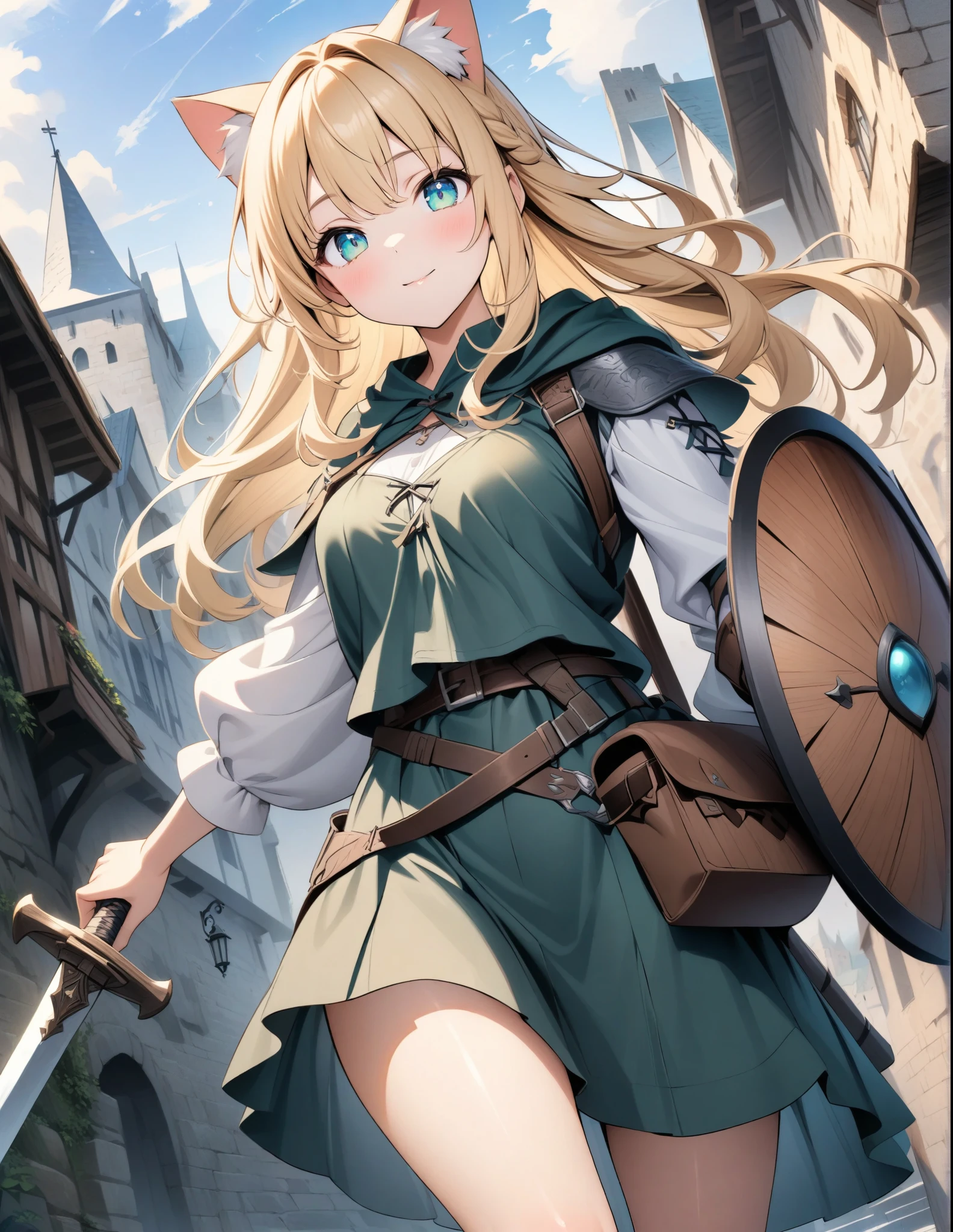 ((style:Colored pencil,pale colour)),(anime)、(masterpiece:1.2),atmospheric perspective,lens flare、Otherworldly fantasy、Medieval style cityscape、Medieval style costume、RPG World、Adventurous girl、Cat ear、Blonde、Clear emerald eyes、Look at me and pose cutely、cute、Sunlit streetscape、Girl with Tsuri Eyes、Wide-angle lens、(Equipped with a one-handed sword and a shield)、whole body,Adventurer Style