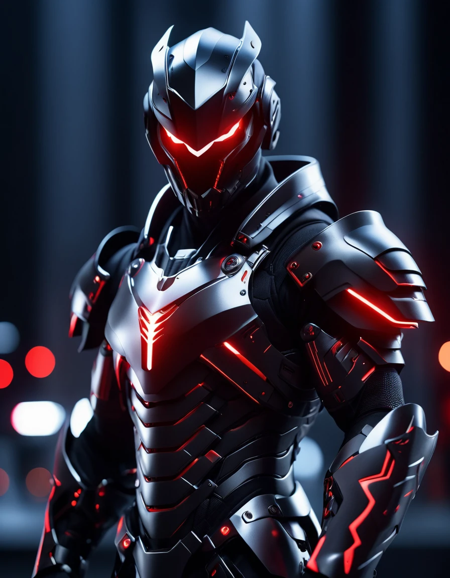 Movie photo of a man in a suit with a red light, Trends in Unreal Engine, Wearing cyber armor, Black Armor, lightning background, author:Ben Enwonwu, beyond vision, Crow in cyber armor, Muscle Hero, opaque visor, grey metal body . 35mm Photo, , Bokeh, professional, 4k, Very detailed