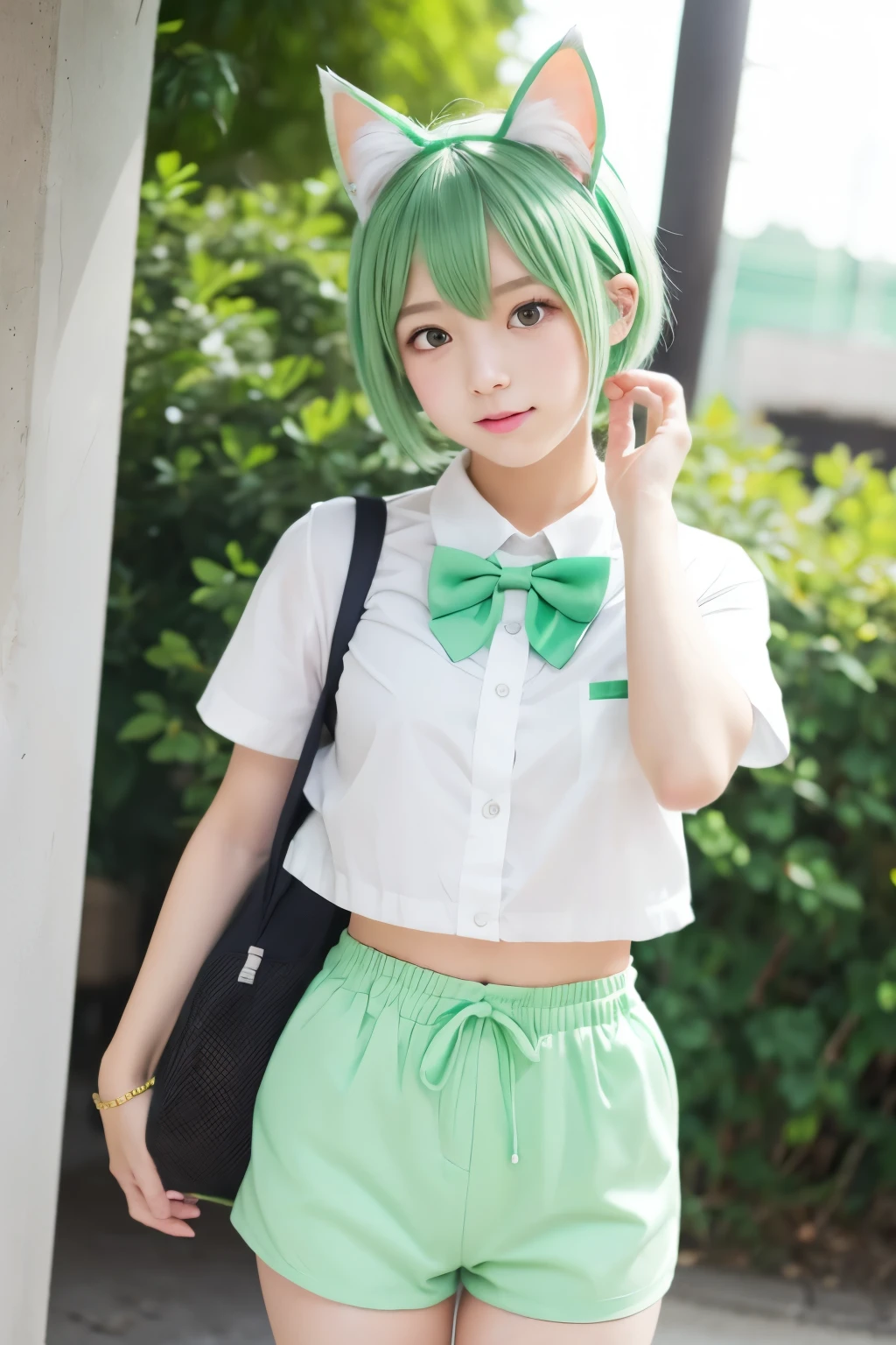 A cute anime-style girl with short mint green hair and cat ears、No underwear is worn、White shirt reveals skin、Green bow tie、Wearing green shorts。Carrying a red backpack、I can see the cat's tail。I put my hands together in front of my chest。Her eyes are bright blue。