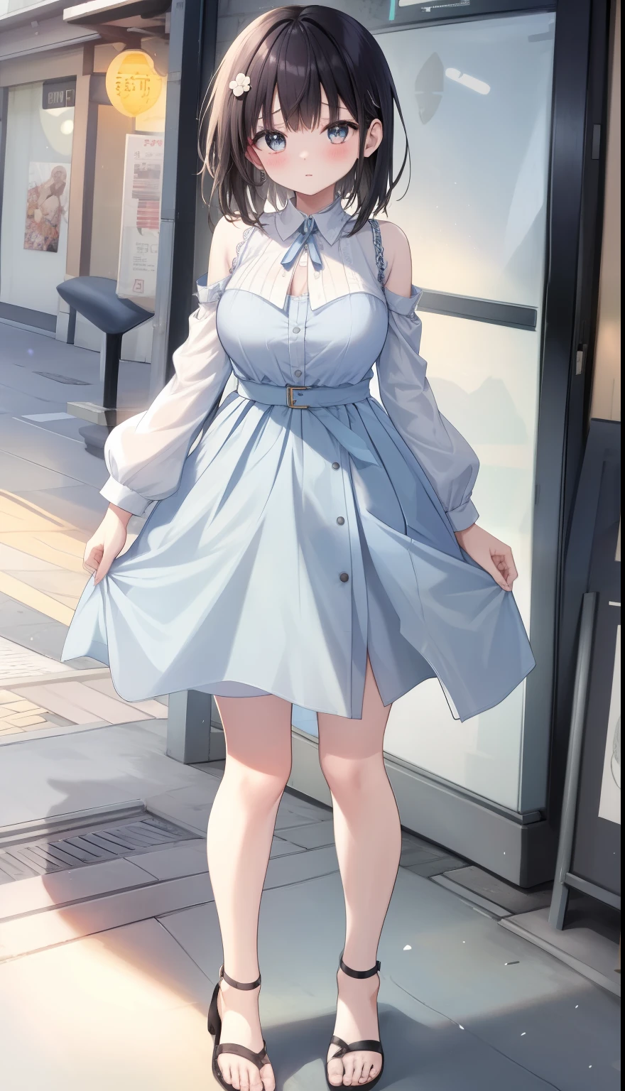 One Girl、positive、Standing posture、Full body portrait、B、Medium Haircut、blush、Absolute area、No panties、No bra、barefoot、Light blue dress、Off-the-shoulder dress、（Very large breasts）、Cleavage、((Lesbians around the world))、masterpiece、（highest quality）、、White heel sandals、Shirt buttons fly off、Unbutton your shirt、Exposing the breasts、Shopping Street、Skirt Front Lift