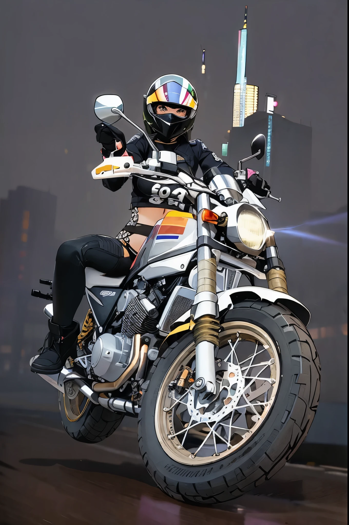 1 Girl、motorcycle、solo、gloves、Long sleeve、Blue jacket、boots、Outdoor、Black gloves、pants、Black footwear、Blur、From the side、Black pants、leather、biker clothes、motorcycle