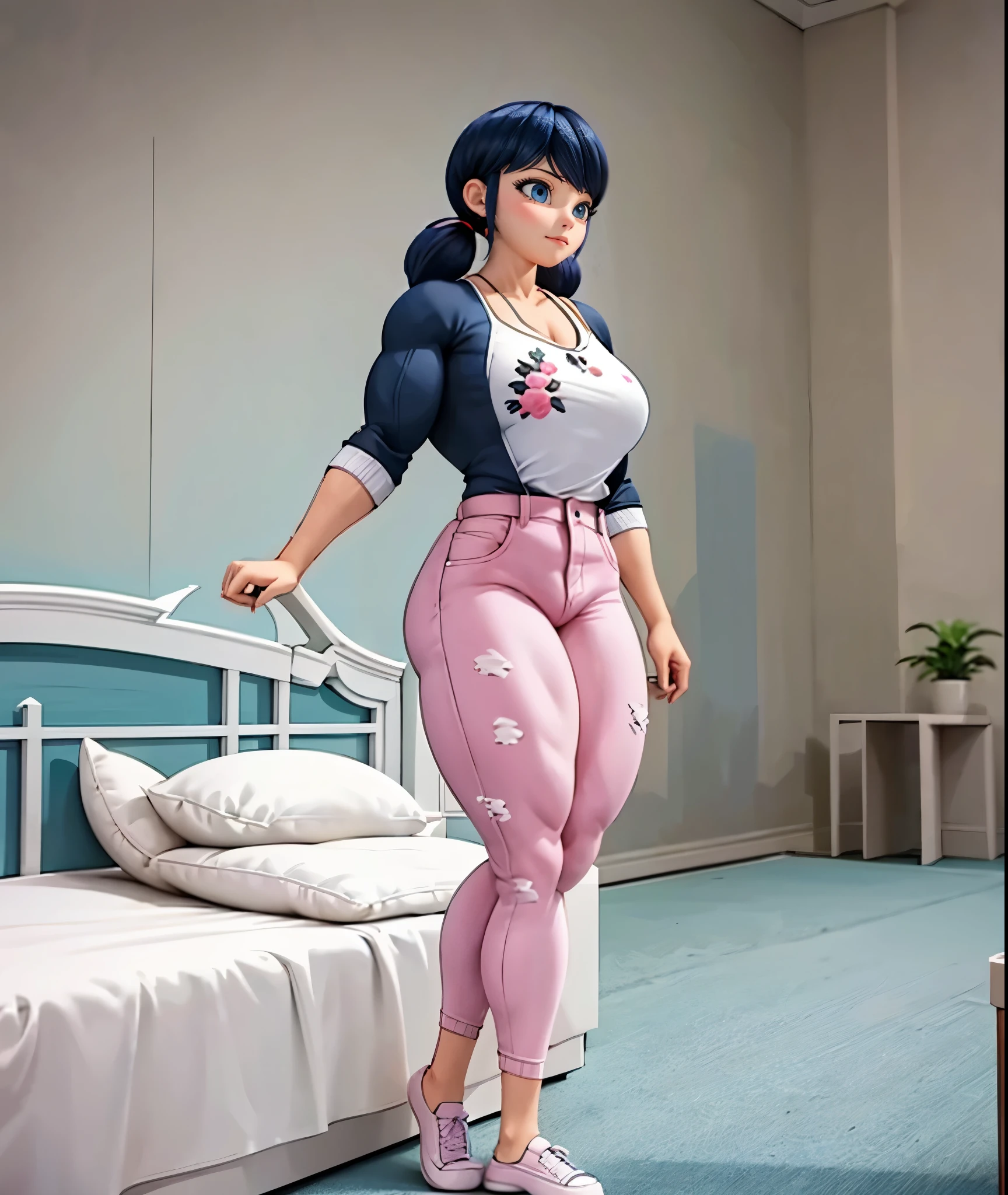 (big muscular female bodybuilder, beautiful detailed eyes, beautiful detailed lips:1.1,strong physique, two short pigtails, (smile), ( Marinette wears a white printed shirt ), black jacket, ((( dark pink jean's , plane jean's, without pattern))), and ballet flats.), lifting weight, muscular arms and legs:1.2, toned abs, powerful expression,sweating:1.1, bed background:0.9, intense focus:1.1, vibrant colors, dramatic lighting), rippling muscles,sturdy frame,dark tan,fit around the waist,tight abs,strong arms and shoulders,intense expression,determined look,well-defined muscles and veins,straining muscles,artistic pose,steely gaze,side lighting,powerful presence,vivid colors,dynamic composition,studio lighting,physically-based rendering,athletic build,bodybuilding silhouette,professional,gritty texture,bokeh.