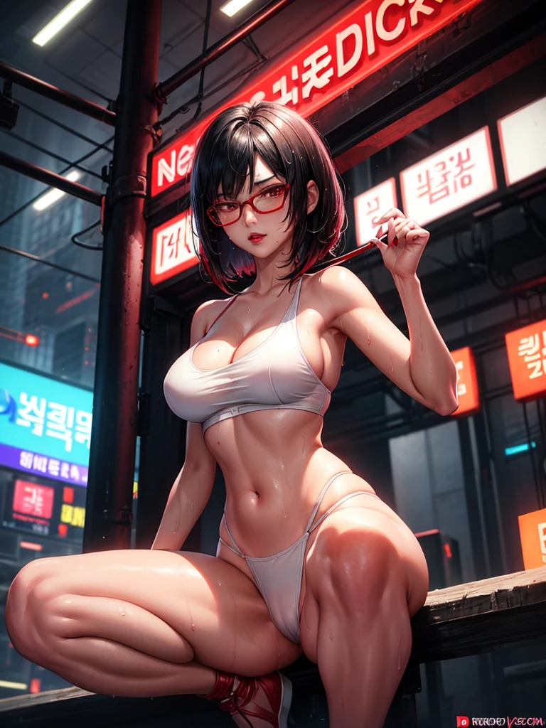 Beautiful girl,Korea, sitting on red light neon, futuristic,
18 years old,Short hair, shoulder length,black hair, big breasts,wet, sweat, camel toe, red lips ,Wear glasses,
White underwear, sexy pose,
red eyes, cyberpunk world, Squat and spread your legs. Sexy lady, naked girl,