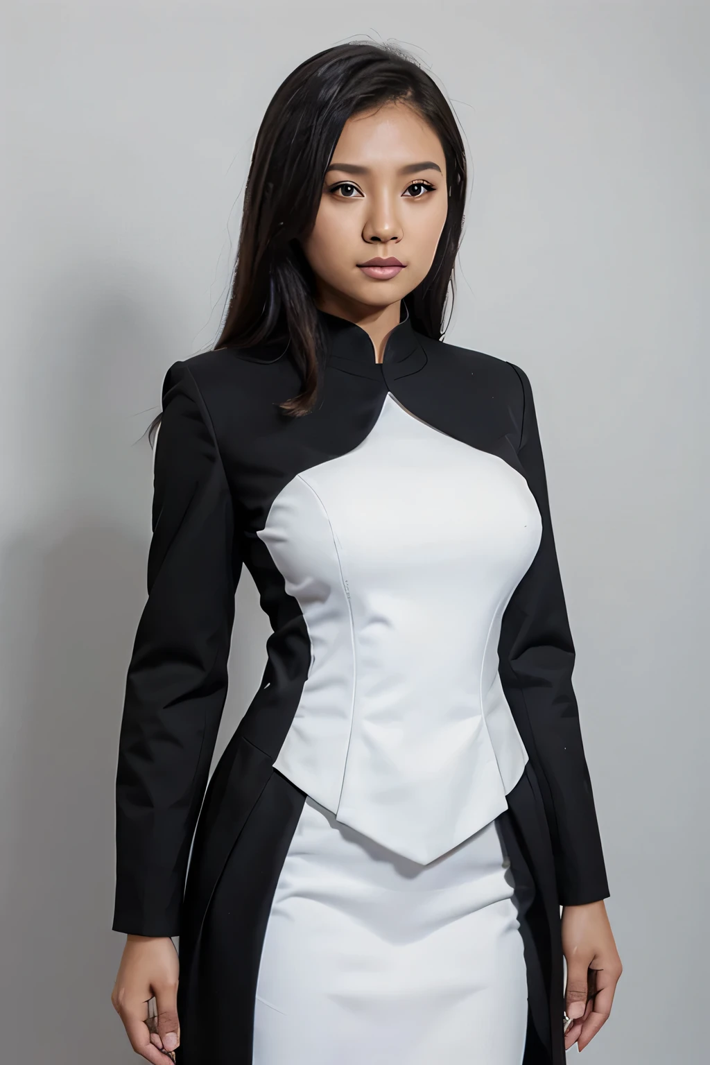 indonesian woman stand, wear black formal suit, white background, half body