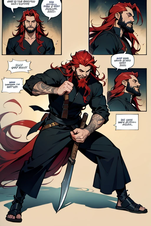 Guy with long red hair and a beard fighting with axe magic, full body positions, manga page with panels and dialogue 