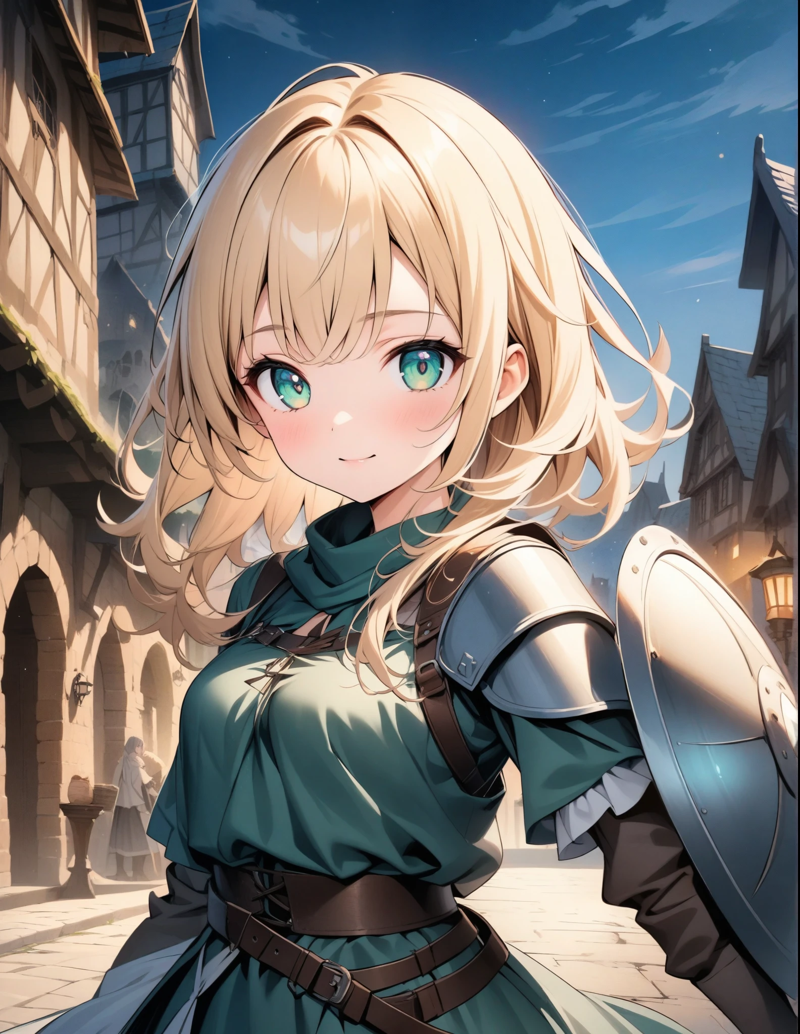 ((style:Colored pencil,pale colour)),(anime)、(masterpiece:1.2),atmospheric perspective,lens flare、Otherworldly fantasy、Medieval style cityscape、Medieval style costume、RPG World、Adventurous girl、Cat ear、Blonde、Clear emerald eyes、Look at me and pose cutely、cute、Sunlit streetscape、Girl with Tsuri Eyes、Close-up、Wide-angle lens、(Equipped with a one-handed sword and a shield)、whole body