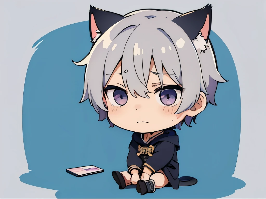 (chibi:1.3),(Depressed:1.2),whole body,masterpiece, A world where magic and technology coexist, Cat Eared Man,(Gray Hair, short hair) ,(boy),Hone your skills,Let's go on a journey to uncover the secrets of power., Beautiful Eyes,depicted in detail. The magician makes the most of the potential of his abilities.,We must learn how to unlock the true potential of modern magic,depicted in detail,
