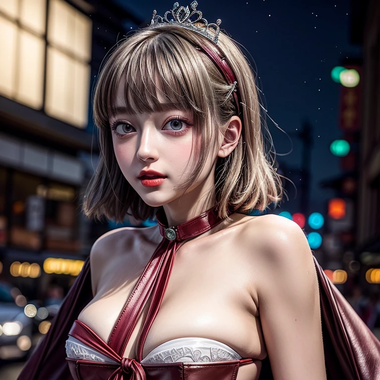 masterpiece of professional Analog photo, realistic and photorealistic with touch of rawness, (a close-up portrait of a tiny princess wearing thongs on a city street), Dusk violet Sky, intricate lighting effects with light particles, (many colorful lights dazzling bokeh), Traffic lights, a crowd of fashionable street girls in the background, { Childish | Gigantic Cleavage }, (((NOGIZAKA))) Extremely Detailed very KAWAII face variation, perfect anatomy, captivating gaze, elaborate detailed Eyes with (sparkling highlights:1.2), long eyelashes、Glossy RED Lips with beautiful details, Coquettish tongue, Rosy cheeks . (Dynamic joyful expressions), { pleasure in agony | Ecstasy | :D | screaming | Perplexed }, Mystic sight . hair and eye color is same color, { Red leather high collar | Red ribbon }, from diagonally angle. short bob, Tiny princess tiara .