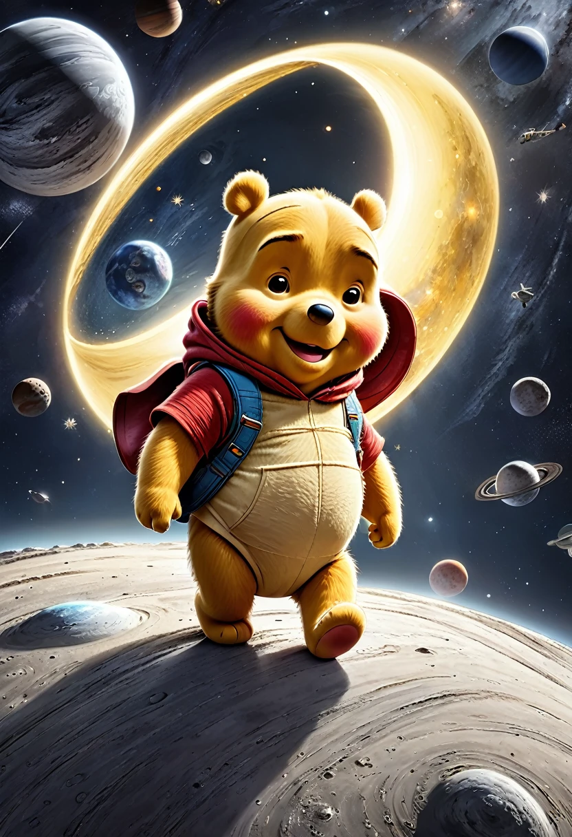 Draw Winnie the Pooh, where he lands on the moon,4k quality , in 3D, Prominent other planets and galaxy around