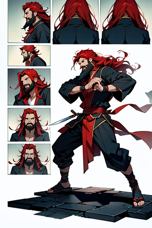Guy with long red hair and a beard fighting and summoning a blade, full body positions, manga page with panels and dialogue