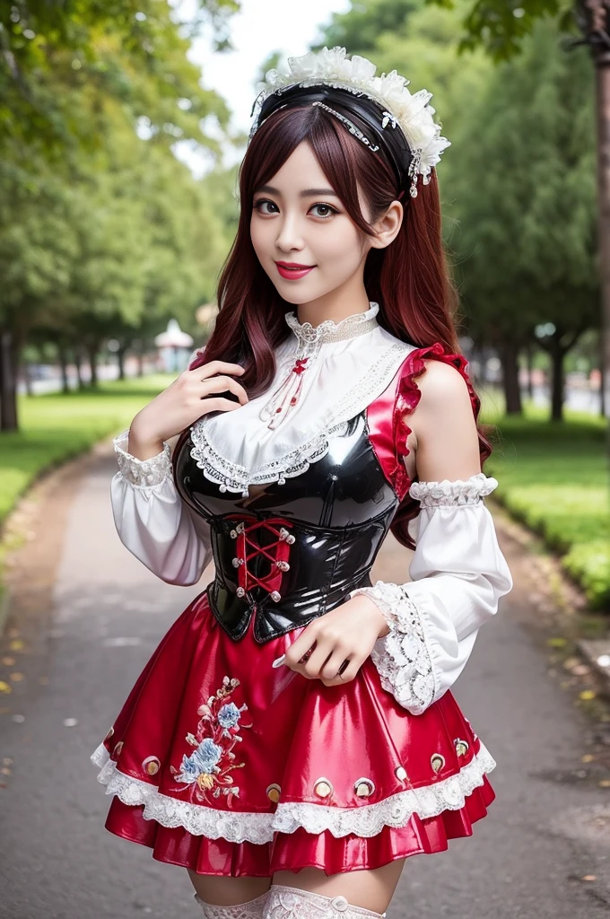 (nsfw), sexy stylish Swedish model, only 1 female, ((doll-like appearance)), long bright red stylish hair, ((shiny Victorian-Style boots)), (big smile), ultra detailed eyes, vivid eye makeup, lipgloss, long lashes, defined eyebrows, (small naked breasts), ((sexy Paradise Kiss cosplay)), (naked aroused open pussy), bell-shaped skirt, petticoats, high neckline, puffed sleeves, (( ultra detailed lace)), ((ultra detailed embroidery)), intricate details, Paradise Kiss accessoires and matching headpiece, choker, ((large sparkling Paradise Kiss jewelry)), cinematic light, detailed large park background with trees