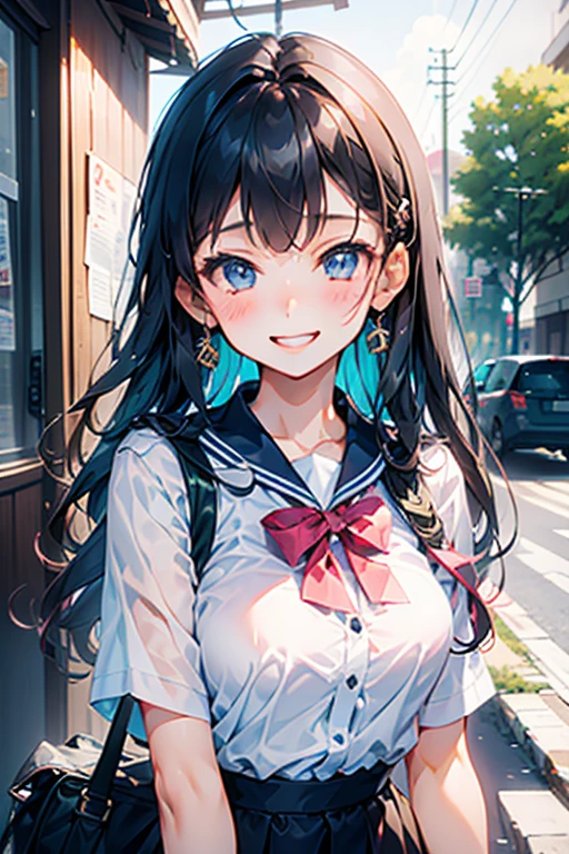 (masterpiece, Official Art), One Girl, Black Hair, blue eyes, hair ornaments, Hair Clip, (school uniform), (shirt), (tie), (skirt), (Wet), (Upper Body), (close), (Huge breasts), Very good、sunlight,classroom、 Show Viewer, Grin, attractive, blush, attractive服, (close), (Place your hands behind your head), (Upper Body), Short Bob