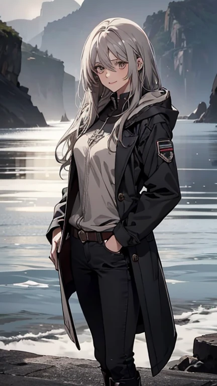 (Confused, High resolution, Very detailed), 1 female, Silver Hair,Long Hair,Reddish brown eyes,boots,Wearing a hood,Long coat,Skinny jeans,Black and white pilot suit,,Small breasts,26 years old,Beautiful woman,Adult female,,thin,quiet,Calm,A shy little smile,Coast at dawn
