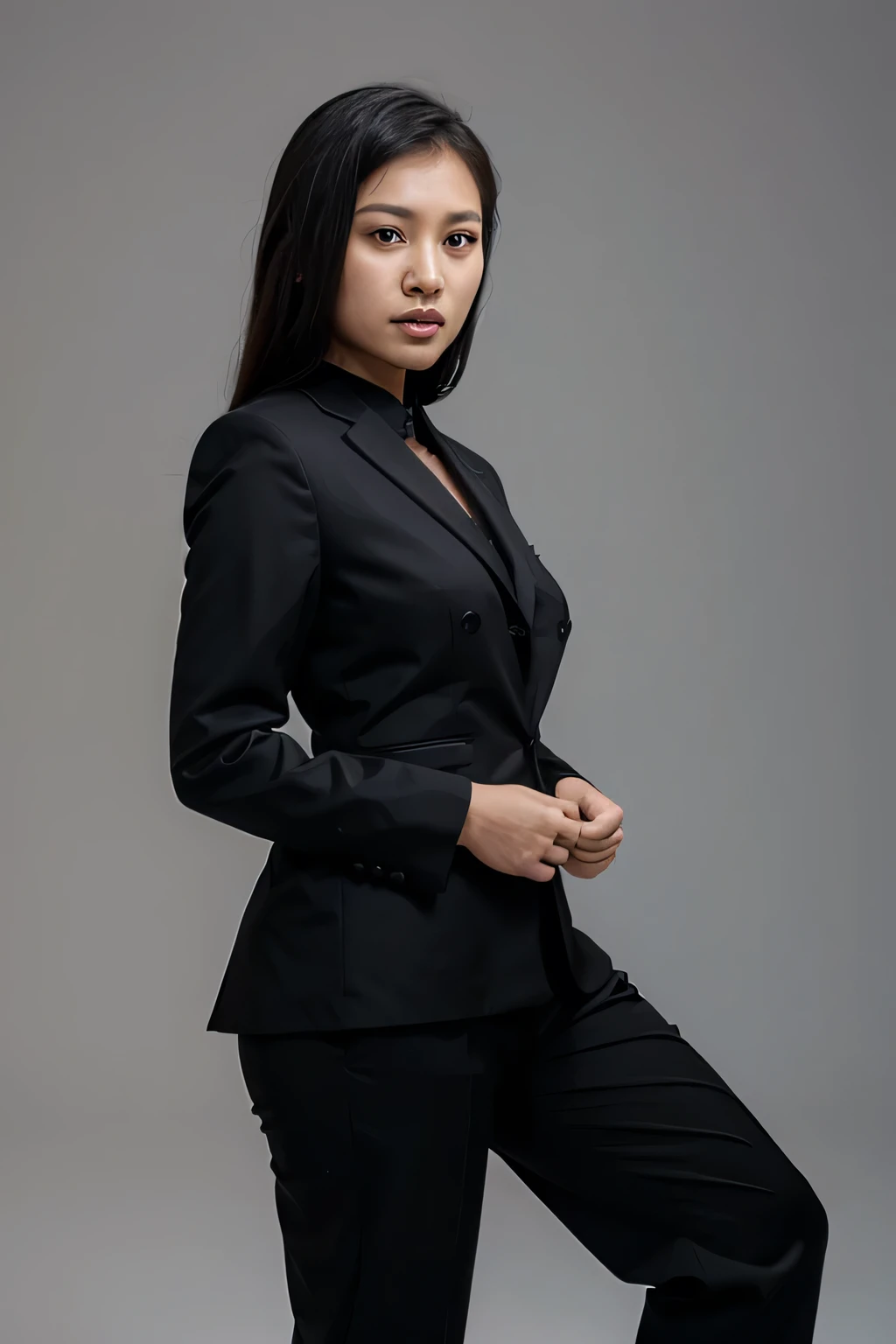 indonesian woman stand, wear black formal suit, white background, half body